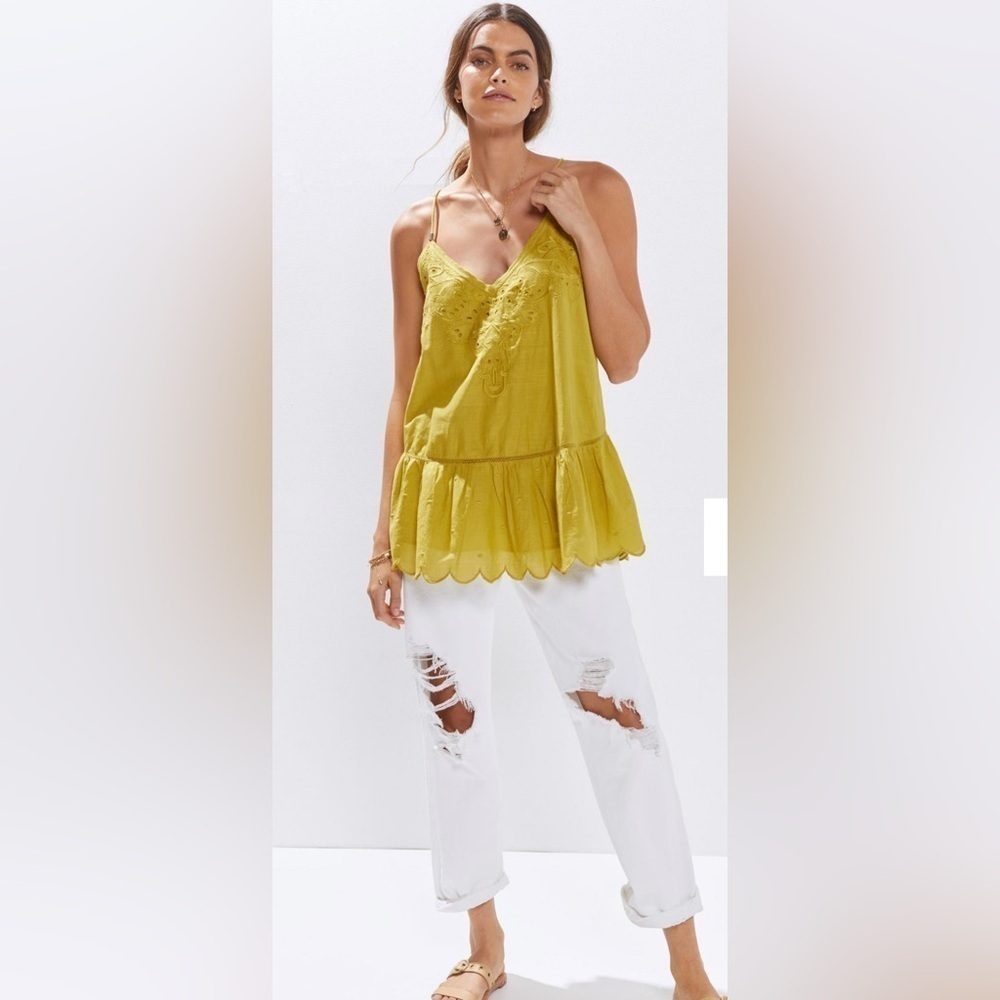 Anthropologie Let Me Be Lace Peplum Tank Size 6 boho CHARTREUSE Embroidered lace